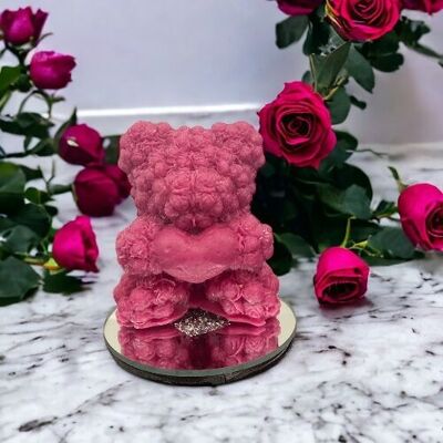 Pillar Candle Teddy Bear Rose su portacandele a specchio