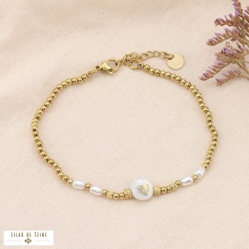 Bracelet perles acier et coeur nacre 0223079