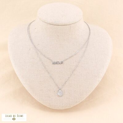 Collier double rang AMOUR goutte acier nacre 0123103