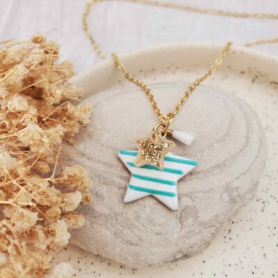 Turquoise blue striped star stainless steel chain necklace