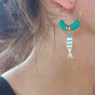 Stainless steel fish hoop earrings heishi green turquoise summer beads