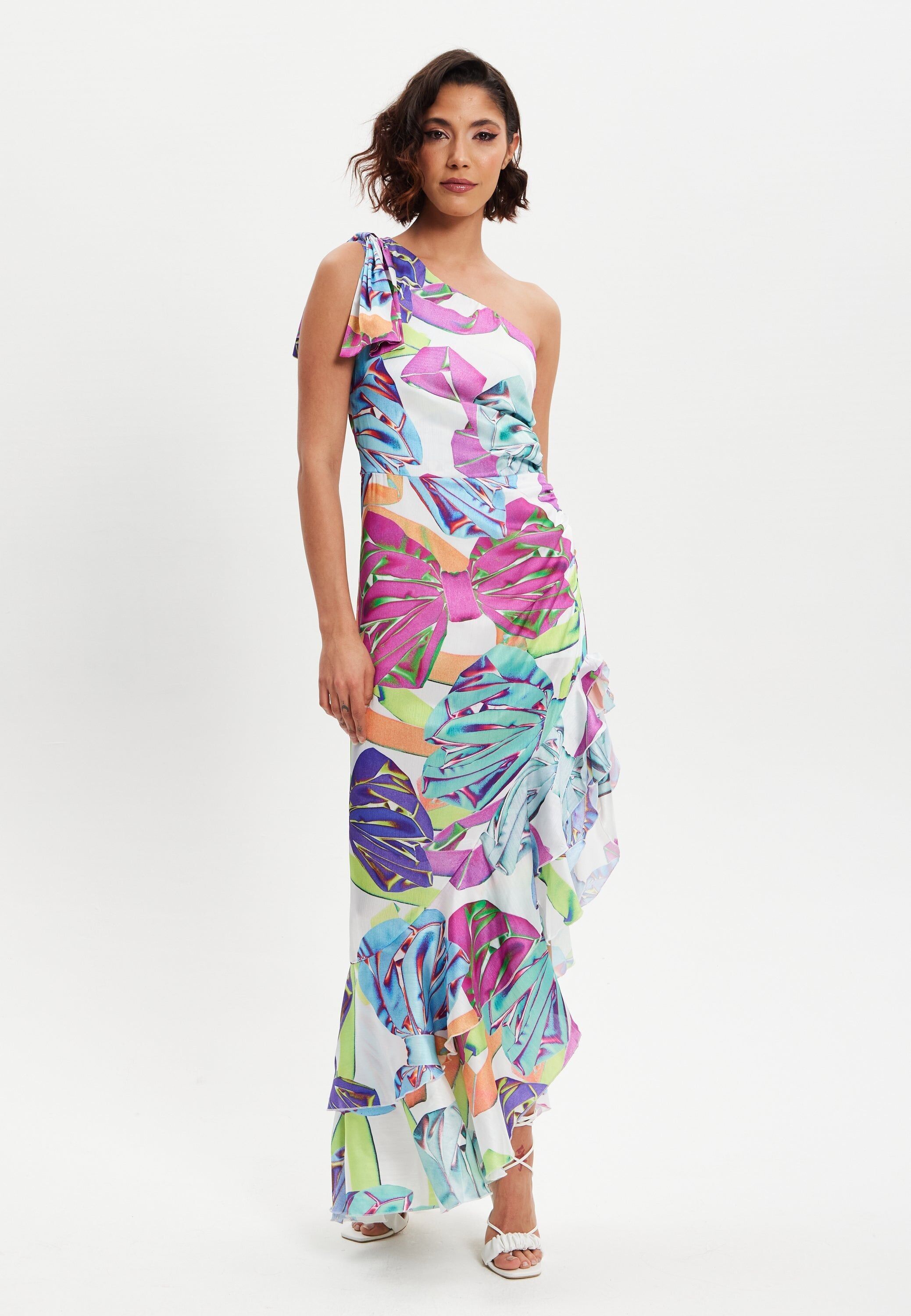 Liquorish One-Shoulder-Rüschenkleid mit Schleife und Print