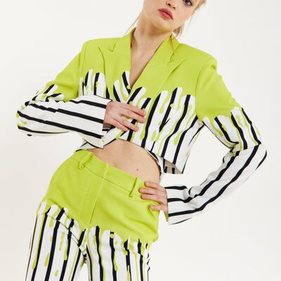 House Of Holland Stripe Monochrome Acid Green Splash Crop Blazer With Belt