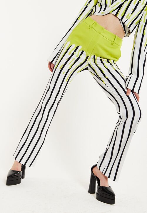 House Of Holland Stripe Monochrome Acid Green Splash Crop Trousers