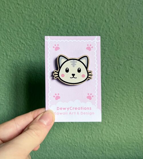 Kawaii houten pin met grijze kat