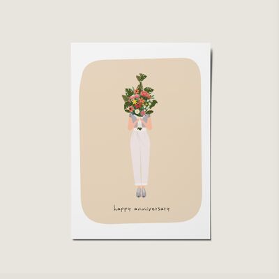 Woman Floral Bouquet Happy Anniversary Illustration Card