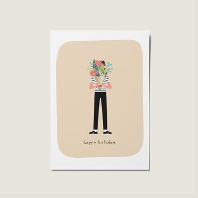 Mann, Blumenstrauß, alles Gute zum Geburtstag, Illustrationskarte