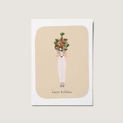 Frau, Blumenstrauß, alles Gute zum Geburtstag, Illustrationskarte