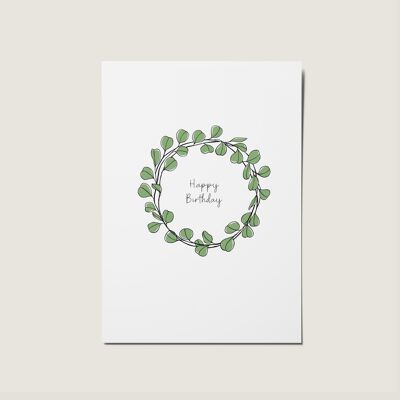 Carte illustrée de couronne minimale d'eucalyptus de joyeux anniversaire