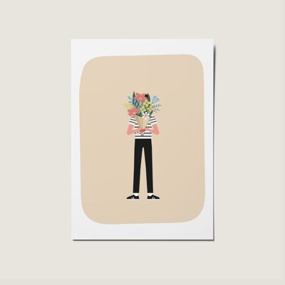 Mann hält Blumenstrauß ohne Anlass-Illustrationskarte