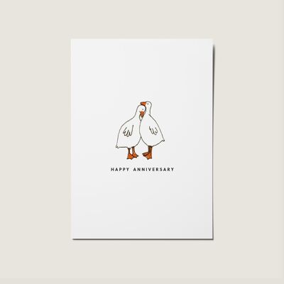 Tarjeta de dibujo lineal de ilustración de pato de feliz aniversario