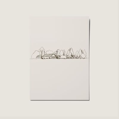Field Cottage Landscape Line Drawing No Occasion Card