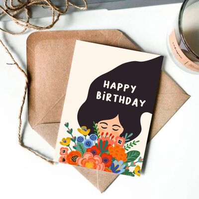 Tarjeta Ramo Ilustrado Floral para Niña de Cumpleaños