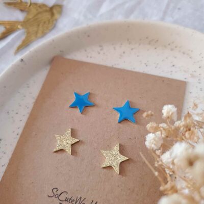 Gold glittery sea blue duo star stud earrings