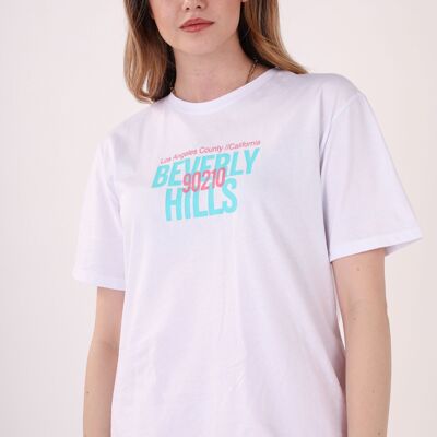 T-shirt oversize con stampa Beverly Hills sul retro bianco - BEVER