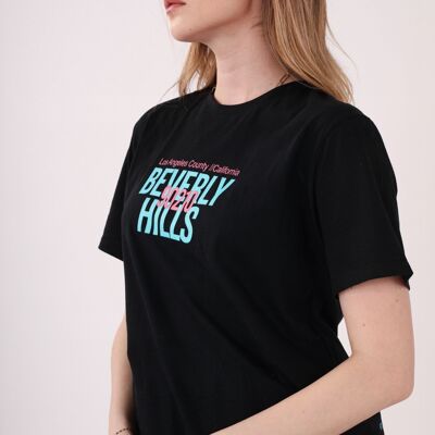 T-shirt oversize con stampa Beverly Hills sul retro nero - BEVER