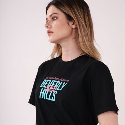 Camiseta oversize con estampado Beverly Hills en espalda negra - BEVER