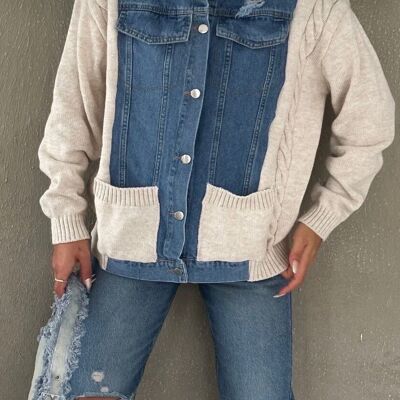 Bi-material denim and ecru knit jacket vest - RIVER