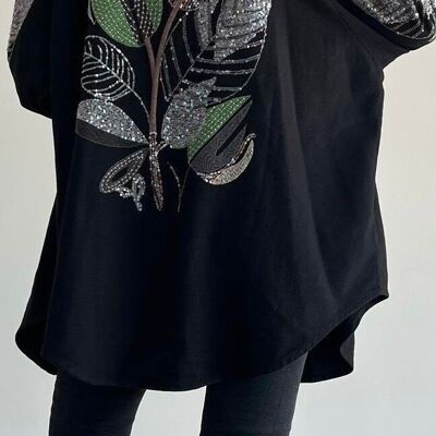 Kimono brodée dans le dos et manche noir - ISABEL