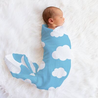 Couverture pour bébé en mousseline d'emmaillotage X-Large nuages ​​bleu ciel