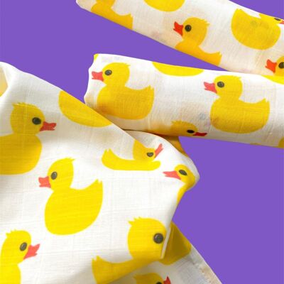 Chiffons à rots carrés en mousseline pour bébé - Lot de 3 - Canard en caoutchouc jaune