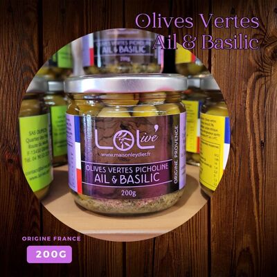 NEW - Garlic & Basil green olives - 200gr jar & Pasteurized - Picholine - France / Provence