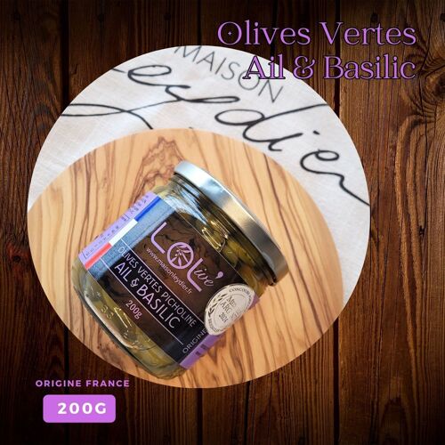 Olives vertes Ail & Basilic - Pot 200gr & Pasteurisées - Picholine - France / Provence