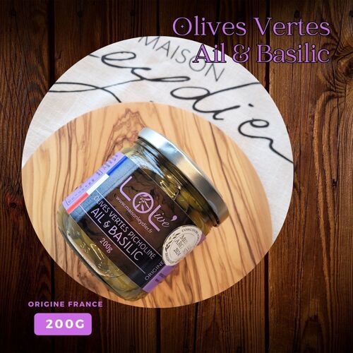 NOUVEAUTE - Olives vertes Ail & Basilic - Pot 200gr & Pasteurisées - Picholine - France / Provence