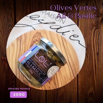 NEU – Grüne Oliven mit Knoblauch und Basilikum – 200-g-Glas & pasteurisiert – Picholine – Frankreich / Provence