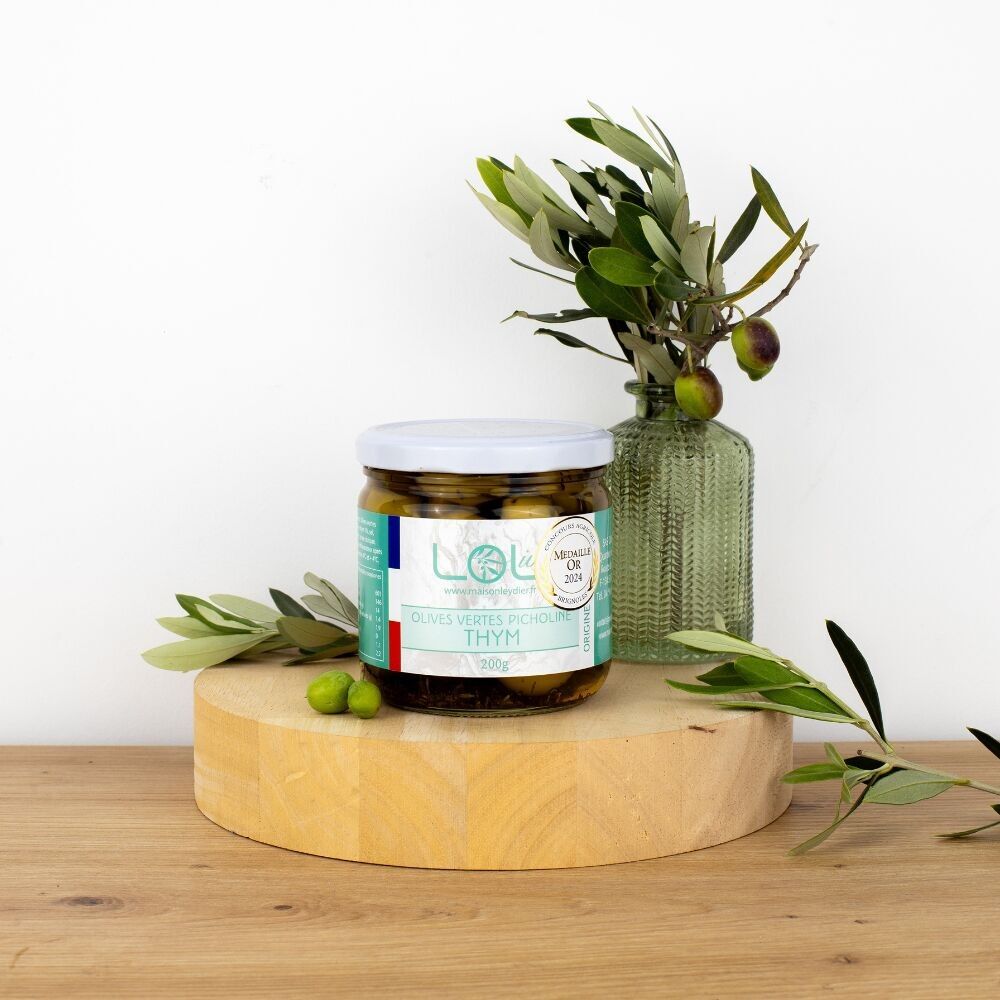 Grüne Oliven mit Thymian - 200gr Glas & pasteurisiert - Picholine - Frankreich / Provence