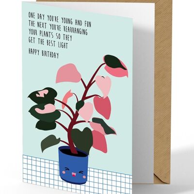 Tarjeta de felicitación Planta Tarjeta de cumpleaños joven y divertida con planta de interior