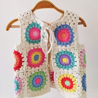 Chaleco vintage arcoíris de patchwork de crochet de algodón orgánico