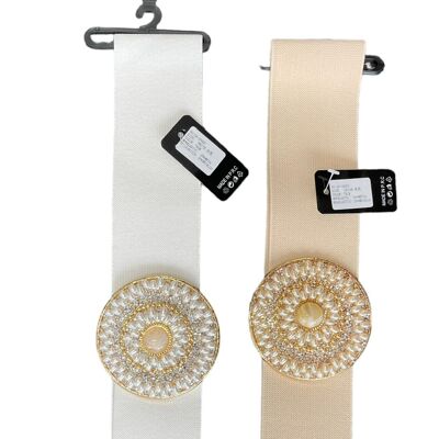 Elasticated Band Stretchy Band with Center Hook Up Circle Buckle Belt Embellished with Pearls, Crystals, Beads, Bars and Marble