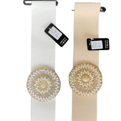 Elasticated Band Stretchy Band with Center Hook Up Circle Buckle Belt Embellished with Pearls, Crystals, Beads, Bars and Marble