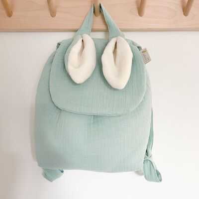 Children's backpack with rabbit ears in mint green cotton gauze