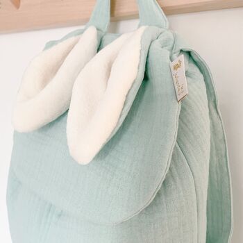 Sac à dos enfant oreilles lapin gaze de coton vert mint 2