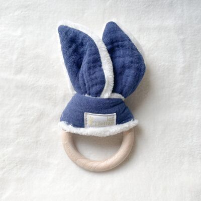 Baby teething rattle in wood and cotton - double navy gauze