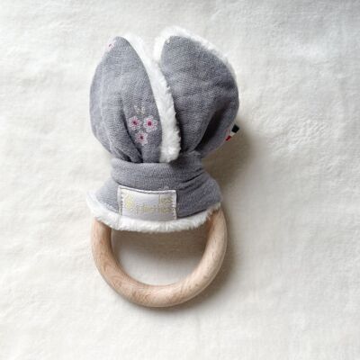 Baby teething rattle in wood and cotton - DG gray flowers