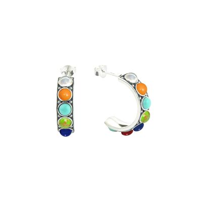 Malachite, oeil de tigre, agate jaune, vadrouille blanche, turquoise bleue, turquoise verte, lapis et corail rouge -Earhoops-9SY-0029