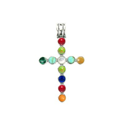 Malachite, oeil de tigre, agate jaune, vadrouille blanche, turquoise bleue, turquoise verte, lapis et corail rouge -Pendentif-9SY-0036