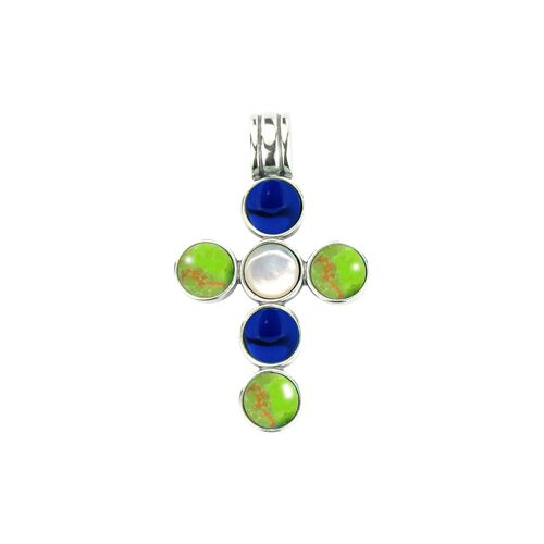 Green Turquoise, Lapis and White Mop -Pendant-9SY-0044