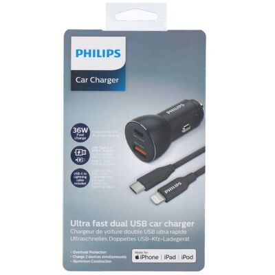 Philips Car Charger + Type C / Lightning Cable 1m