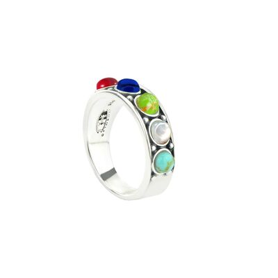 Malachit, Tigerauge, Gelber Achat, Weißer Mop, Blauer Türkis, Grüner Türkis, Lapis und Rote Koralle -Ring-9SY-0057-50