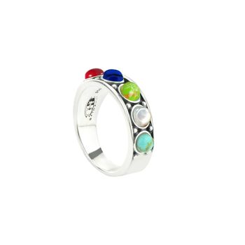 Malachite, oeil de tigre, agate jaune, vadrouille blanche, turquoise bleue, turquoise verte, lapis et corail rouge -Ring-9SY-0057-50 1