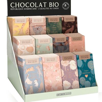 Display Chocolat BIO NOIR + BIO AU LAIT 70g, 72 tablettes