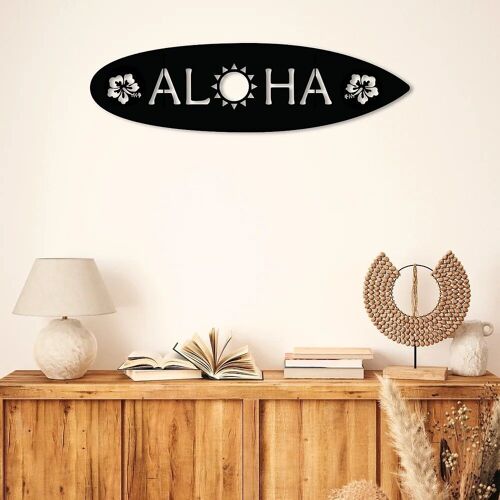 Décoration murale en bois noir - Planche de surf ALOHA