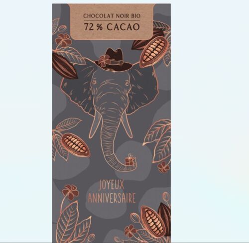 Anniversaire - Chocolat BIO NOIR 70g « Joyeux Anniversaire » (éléphant)