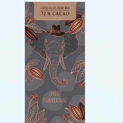 Compleanno - Cioccolato FONDENTE BIOLOGICO 70g “Happy Birthday” (elefante)