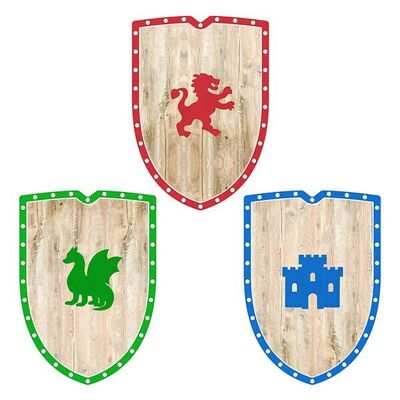 Assorted wooden shields with two reliefs