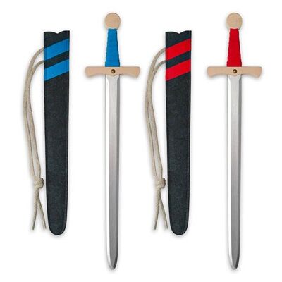Assortment of wooden swords with colorful sheaths